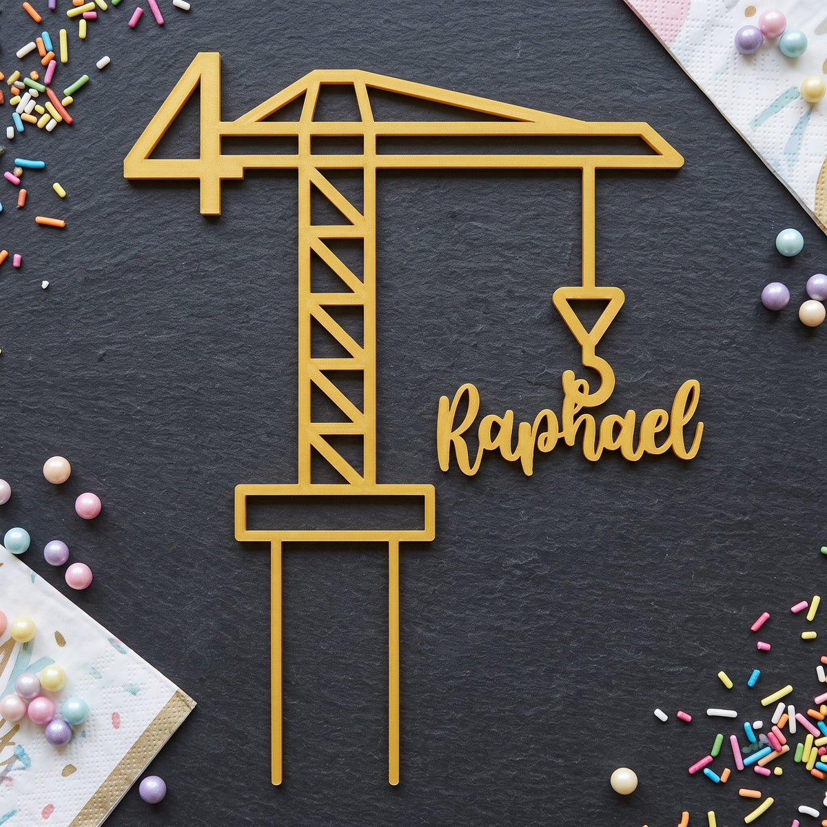 Kran Cake Topper in Gold von oben