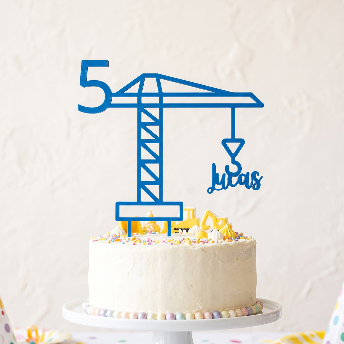 Cake Topper Geburtstag Kran mit Zahl und Name in Blau auf Geburtstagstorte