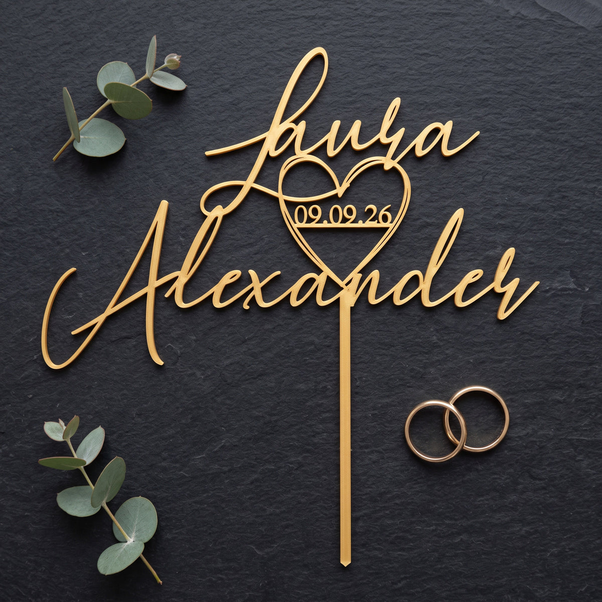 Hochzeit Cake Topper Herz im Namenszug Flatlay