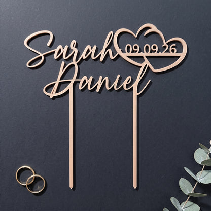 Cake Topper Namen mit Doppelherz in Champagner mit Eheringen