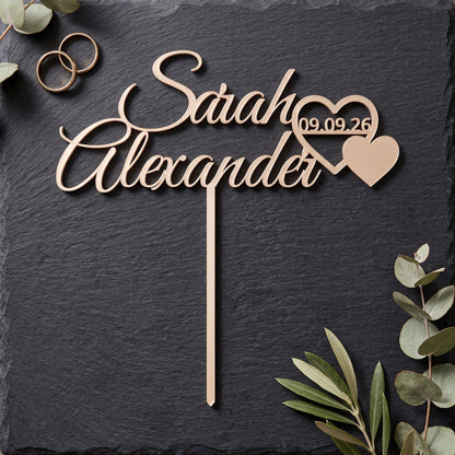 Cake Topper Hochzeit Namen mit Herzpaar in Champagner auf Schiefer mit Eheringen