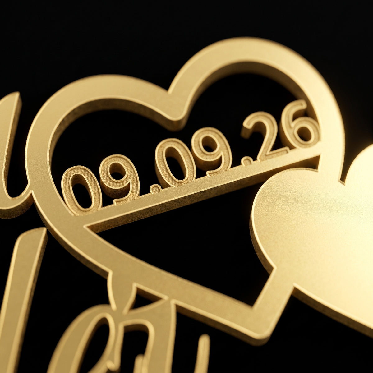 Cake Topper Hochzeit Namen mit Herzpaar in Gold, Nahaufnahme der Oberfläche