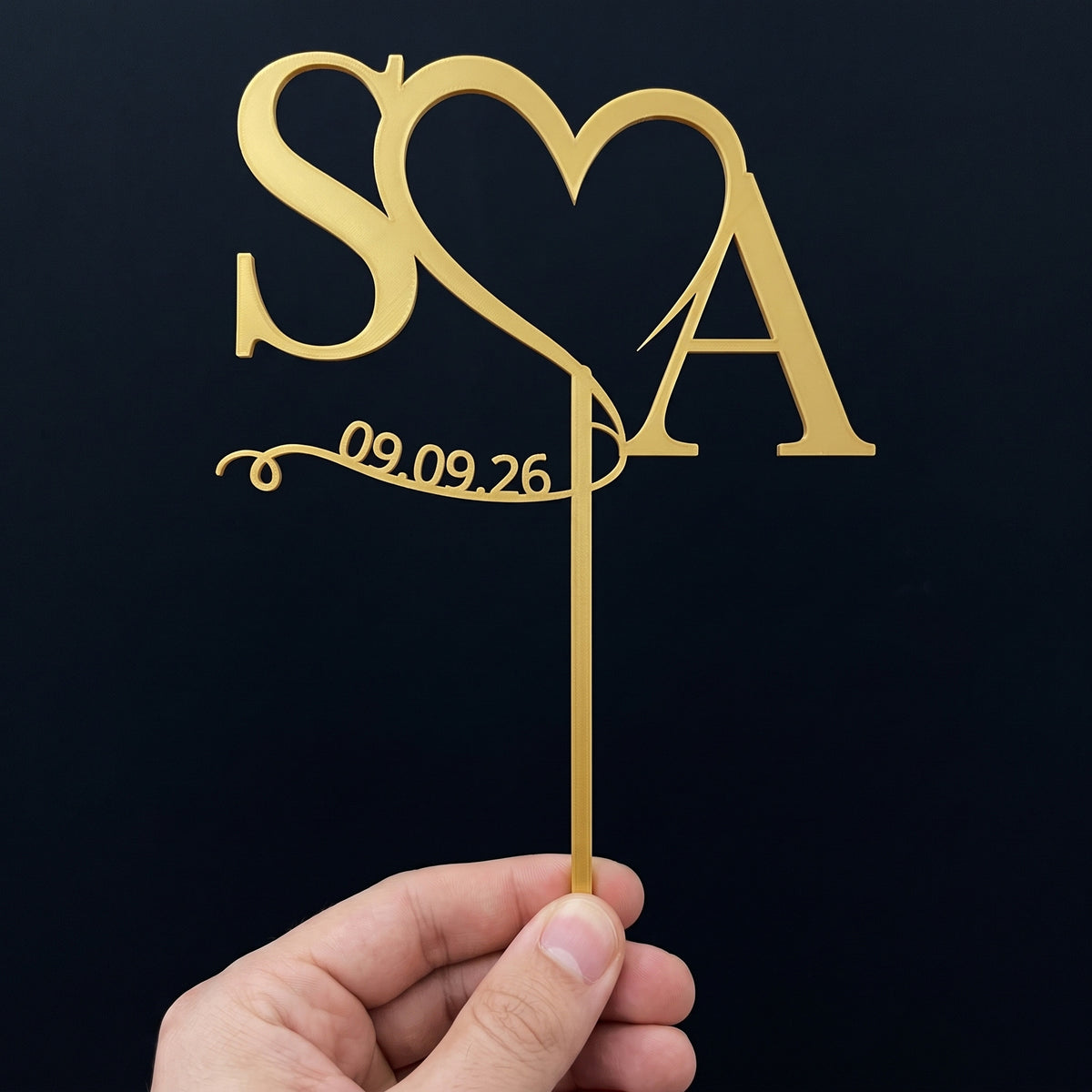 Cake Topper Hochzeit Initialen mit Herz und Datum Hand-Gold
