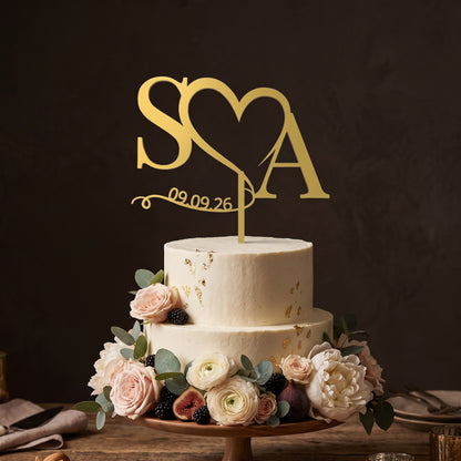 Cake Topper Hochzeit Initialen mit Herz und Datum TorteDunkel-Gold