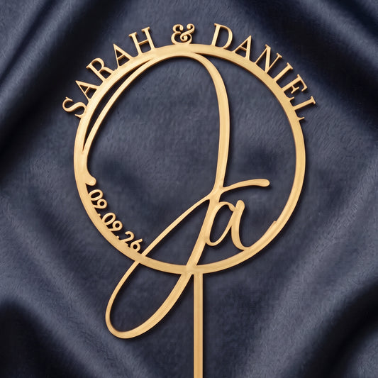 Hochzeit Cake Topper Ja-Wort im Kreis in Gold auf dunkler Seide