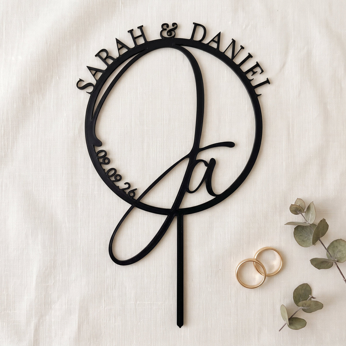 Hochzeit Cake Topper Ja-Wort im Kreis Flatlay