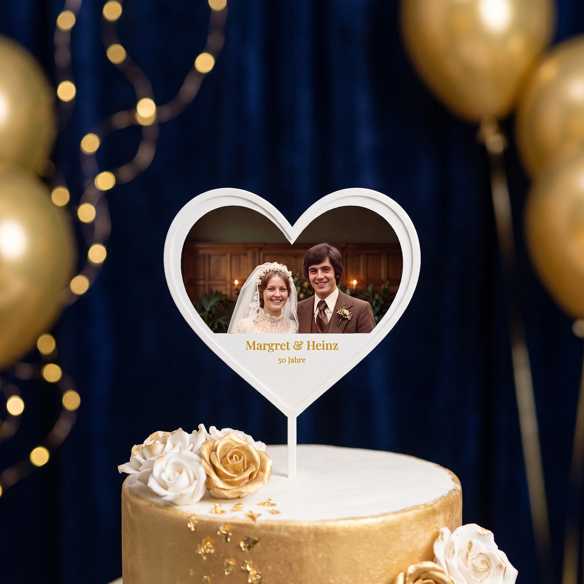 Herz Foto-Tortenstecker Goldene Hochzeit Cake Topper