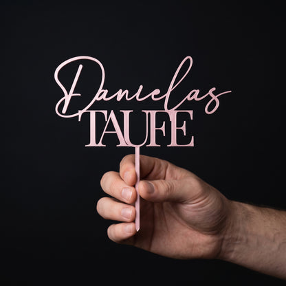 Cake Topper Taufe in Rosa am Steckfuss gehalten