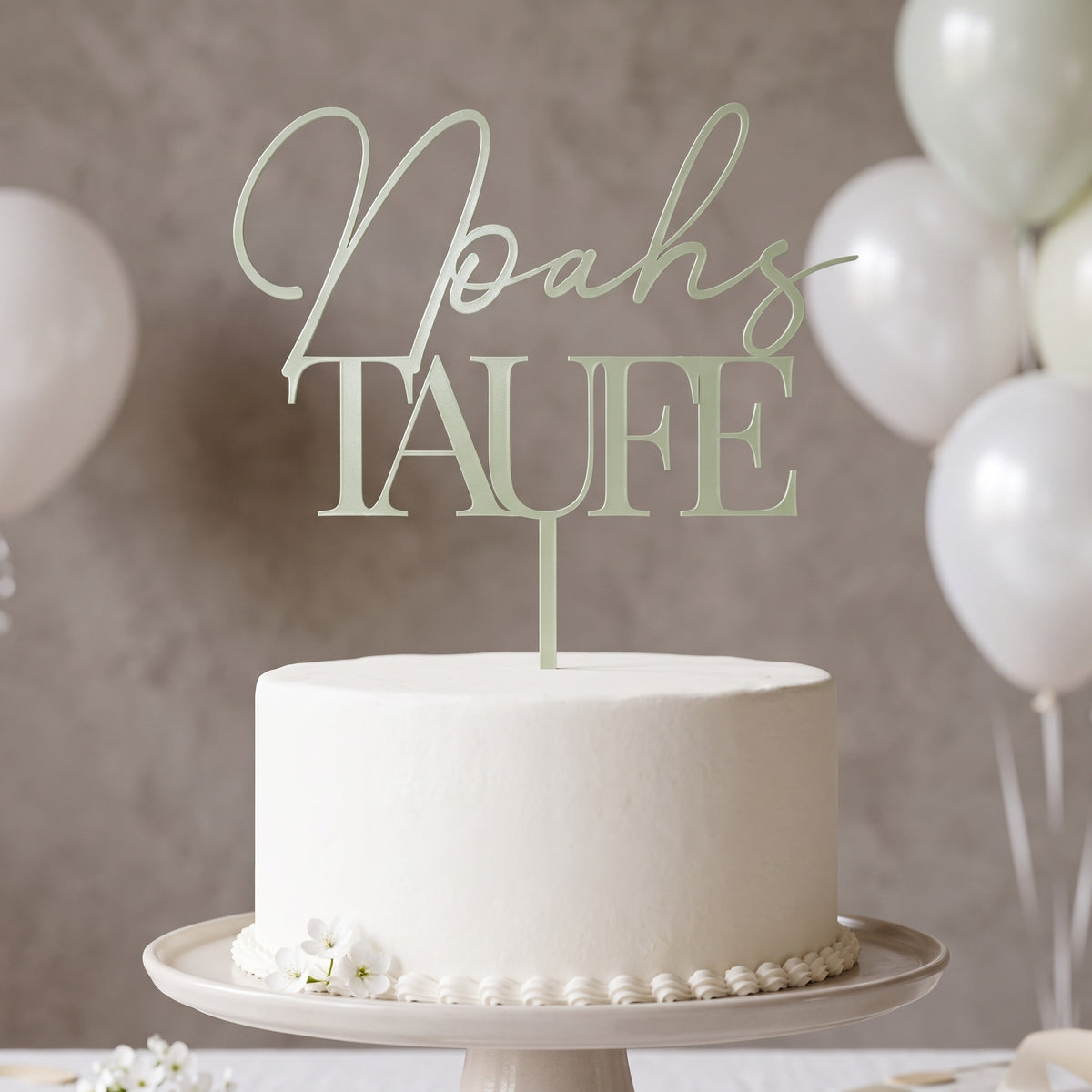 Cake Topper Taufe Name im Schriftzug in Salbeigruen