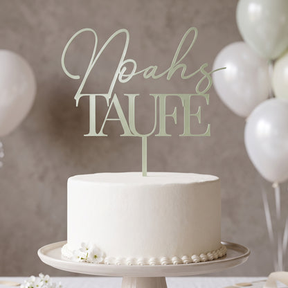 Cake Topper Taufe Name im Schriftzug in Salbeigruen
