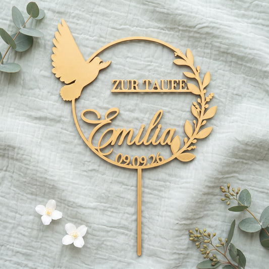 Taufe Cake Topper Motiv im Kranz mit Taube in Gold auf salbeigruenem Musselin