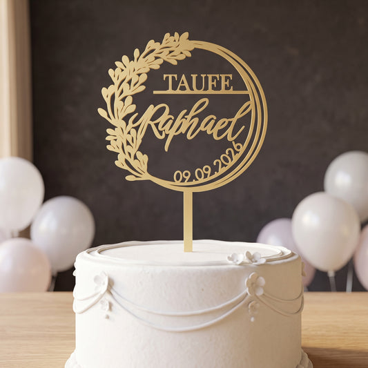 Cake Topper Taufe Name im Zweigkranz in Gold auf Tauftorte