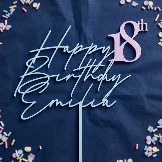 Geburtstag Cake Topper Happy Birthday Schriftzug mit Zahl in Eisblau und Rosa auf marineblauem Krepppapier