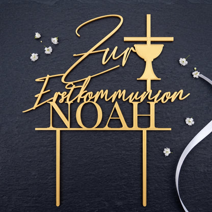 Cake Topper Kommunion Kelch in Gold auf Schiefer