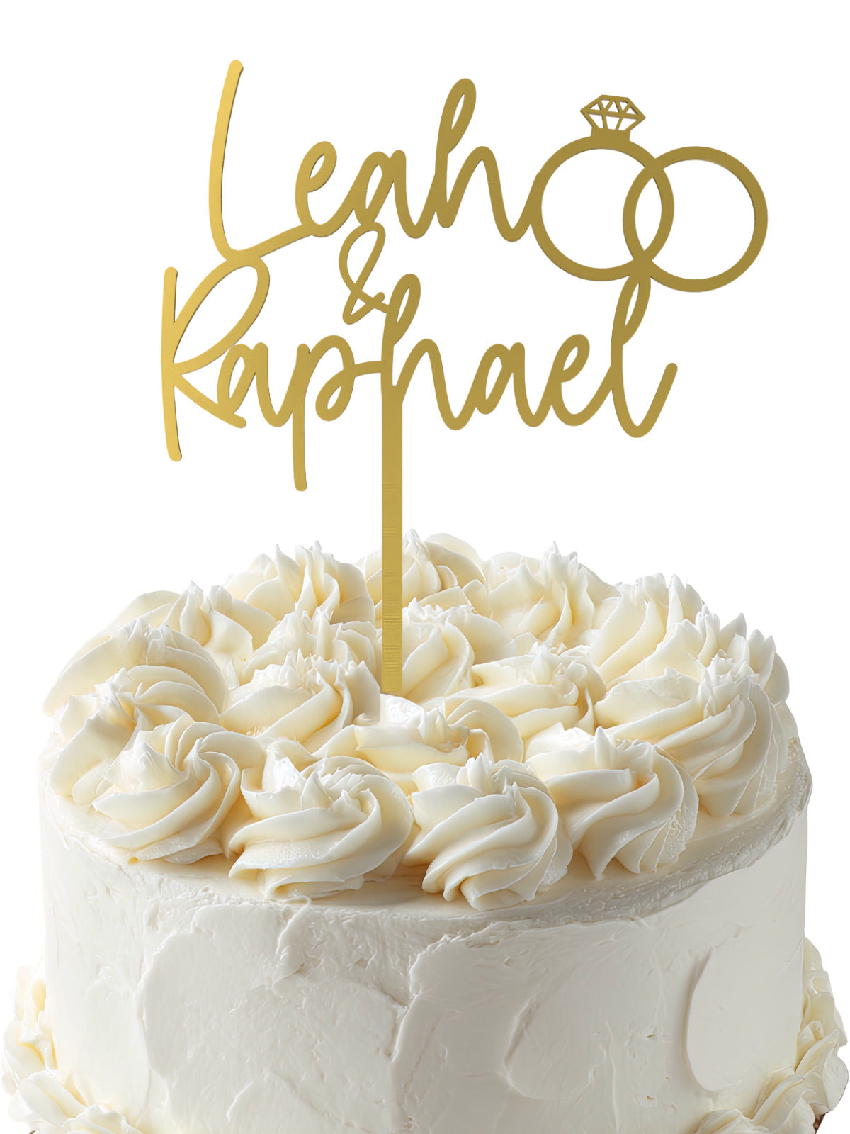 Cake Topper Hochzeit Namen mit Eheringen in Gold auf weisser Hochzeitstorte