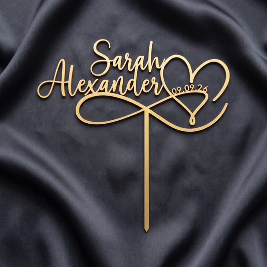 Hochzeit Cake Topper Herz Unendlich in Gold auf dunkler Seide