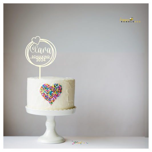 Einschulung Cake Topper "Herz" Personalisiert aus Holz - Happy Bumblebee