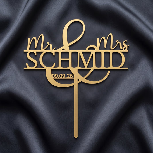 Hochzeit Cake Topper Mr und Mrs mit Ornament-Und in Gold auf dunkler Seide
