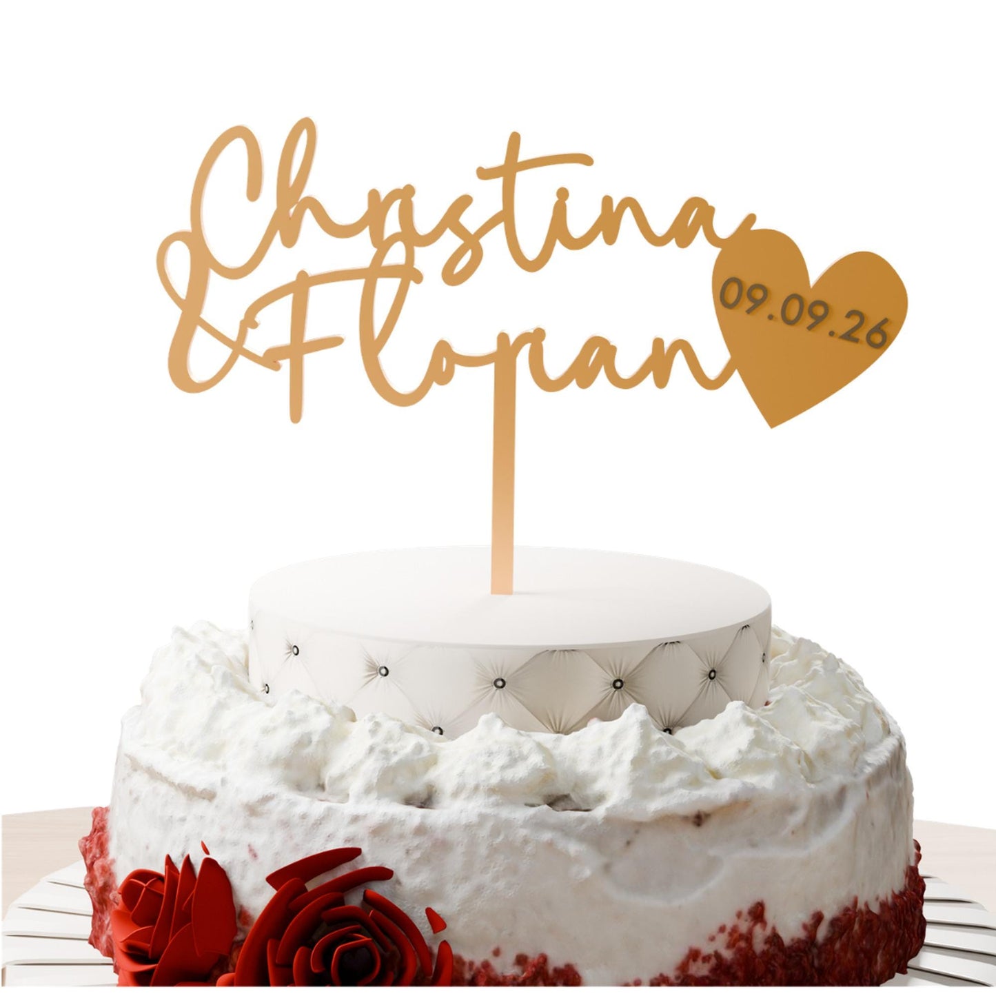 Namen mit Datumsherz Cake Topper Gold auf Hochzeitstorte