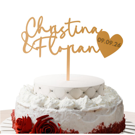 Namen mit Datumsherz Cake Topper Gold auf Hochzeitstorte