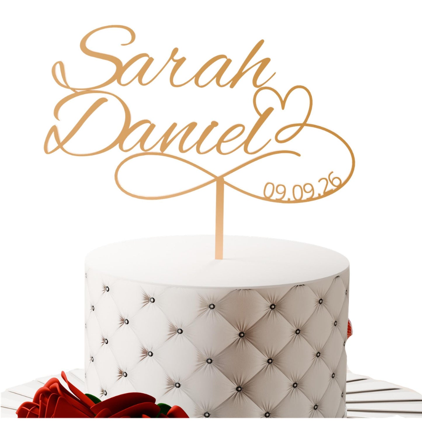 Unendlichkeitszeichen mit Datum Cake Topper Gold auf Hochzeitstorte