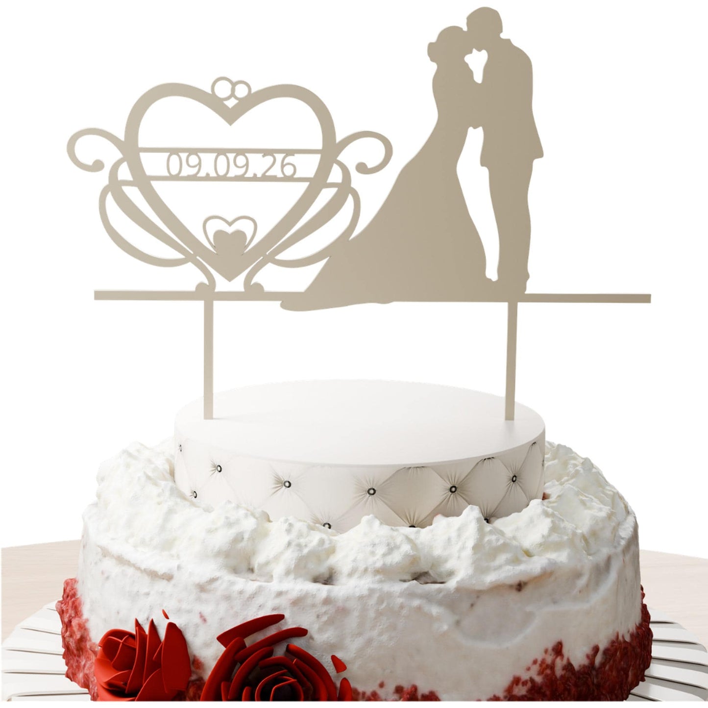 Brautpaar mit Datumsherz Cake Topper Gold auf Hochzeitstorte