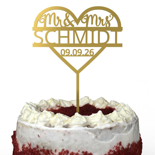 Mr & Mrs im Herz Cake Topper Gold auf Hochzeitstorte