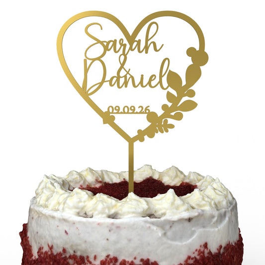 Herz mit Eukalyptus Cake Topper Gold auf Hochzeitstorte