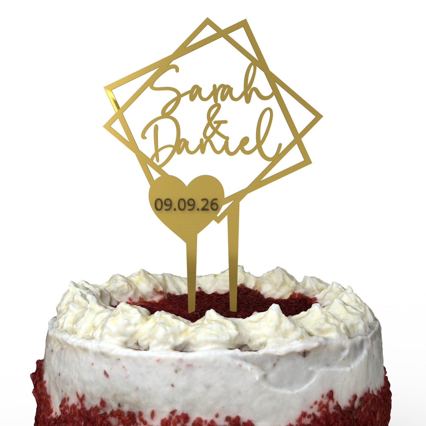 Doppelquadrat mit Datumsherz Cake Topper Gold auf Hochzeitstorte