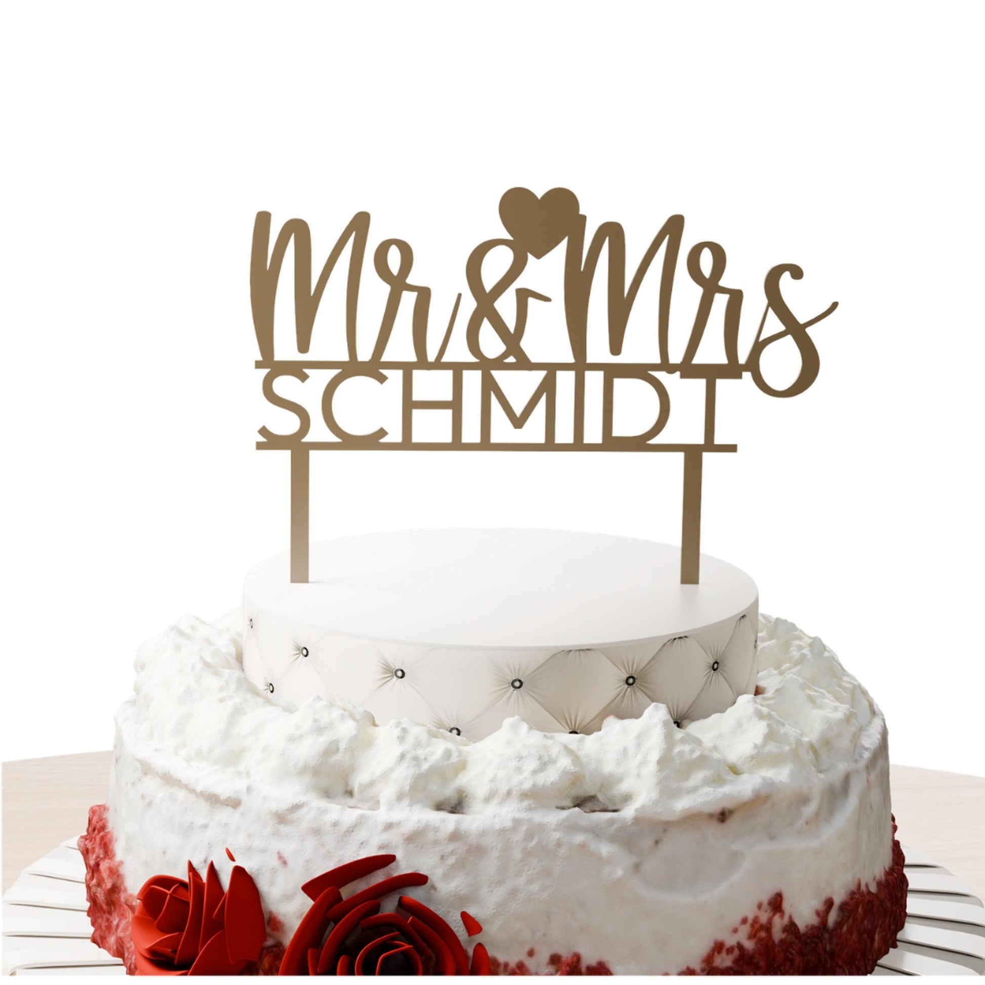 Mr & Mrs mit Nachname Cake Topper Gold auf Hochzeitstorte