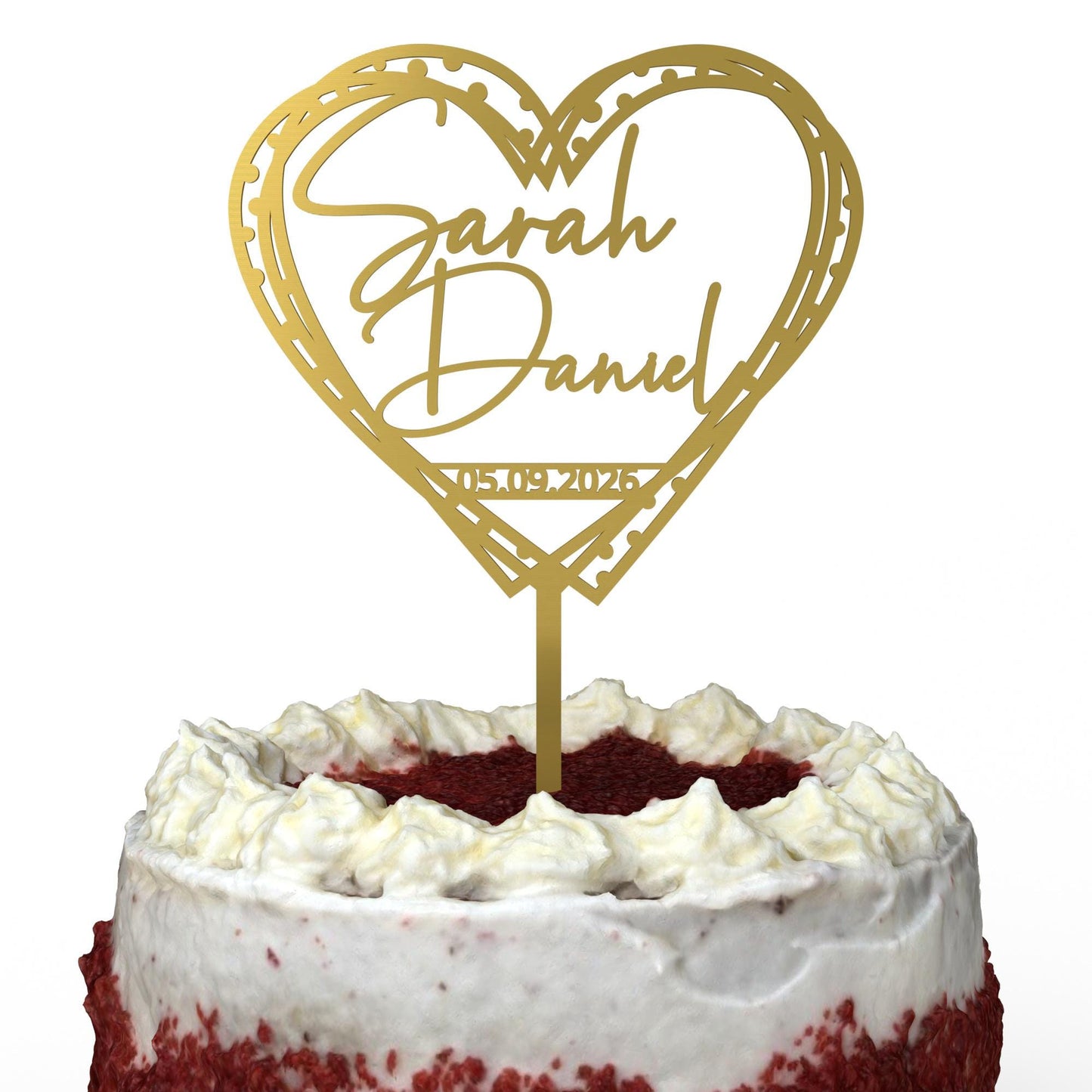 Herz gestrichelt Cake Topper Gold auf Hochzeitstorte