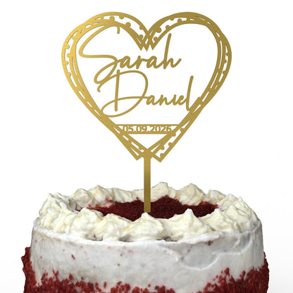 Herz gestrichelt Cake Topper Gold auf Hochzeitstorte