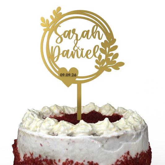 Doppelkranz mit Blättern Cake Topper Gold auf Hochzeitstorte