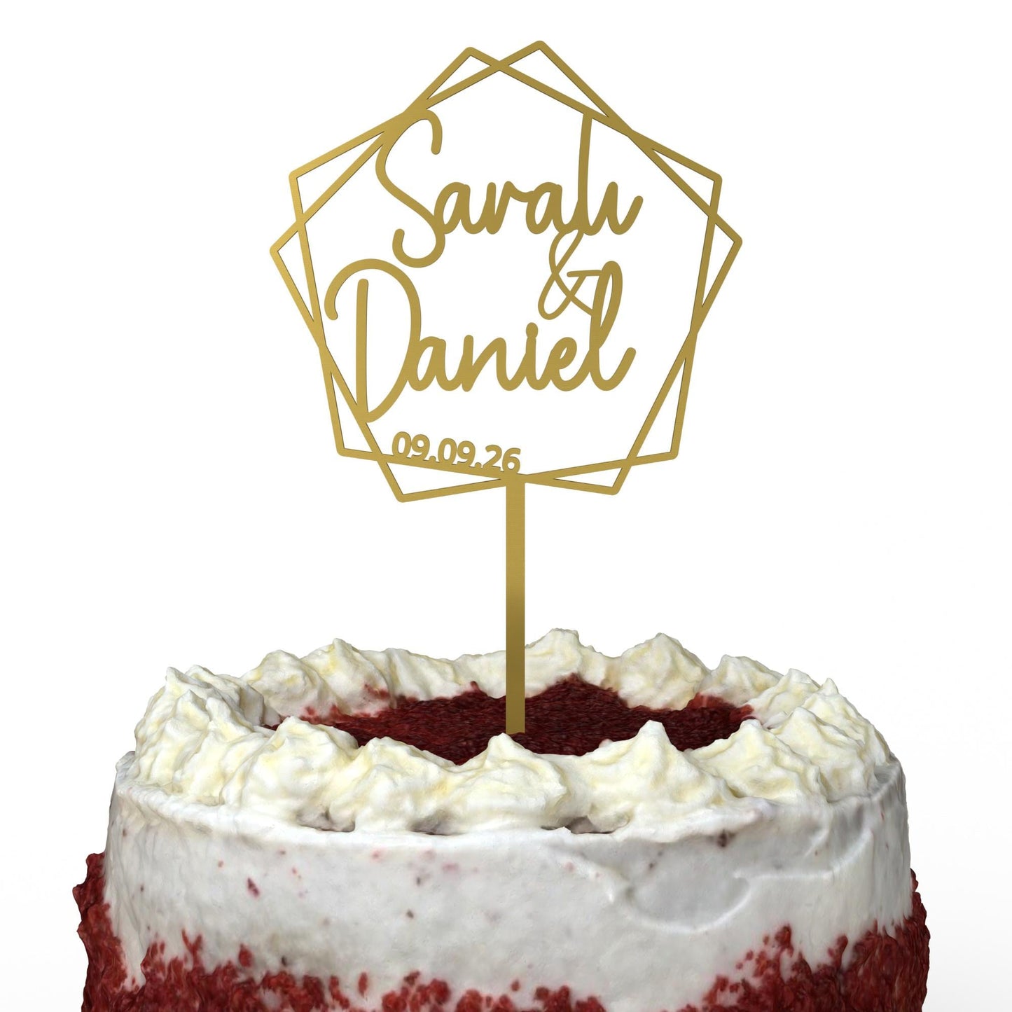 Namen im Fünfeck Cake Topper Gold auf Hochzeitstorte